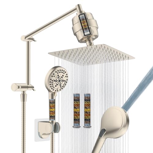 Image of Metal Rain Filtered Shower Head with Handheld, 10 inch High-Pressure,10-Mode | Brushed Nickel, Rainfall Showerhead with 5 inch Handheld Powerful Wash, Adjustable 16 inch Extension Arm /71 inch Hose, 20-Stage Filter