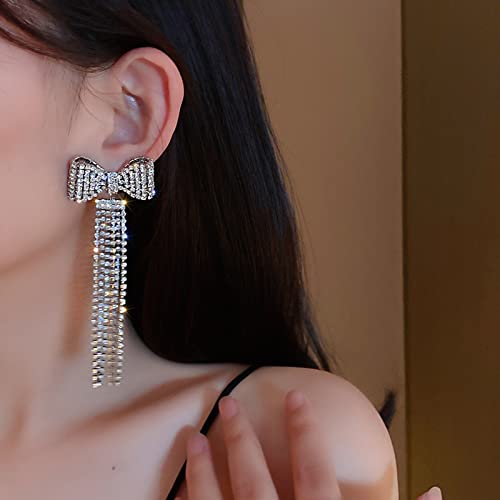 Taufe Long Tassel Rhinestone Drop Earrings For Women Fashion Elegant Bowknot Crystal Dangle Earrings Bride Wedding Jewelry Pearl Hoop Earrings #TOP5