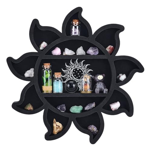 peacoblue Sun Flower Crystal Display Shelf Wall - 11.8×11.8×1.12" Wooden Wall Decor Art Hanging Case with 3-Layer Crystals Gem Stone Storage Organizer for Boho Witchy Home Decor or Modern Interiors