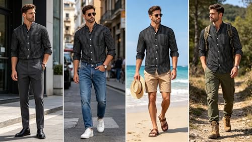 BAYAMO Men's Banded Collar Stripe Shirt, Linen Cotton Mandarin Collar Long Sleeve Button Down Shirts Collarless Tops(Black, L) - image 5