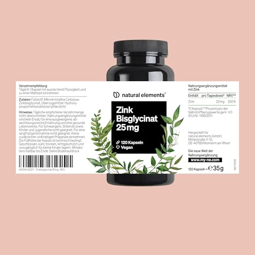 natural elements Zink Kapseln - 120 Stück - 25mg pro Kapsel - gut verträgliches Zinkbisglycinat (Zink-Chelat) – Alternative zu Tabletten - vegan, hochdosiert, ohne unnötige Zusätze 6