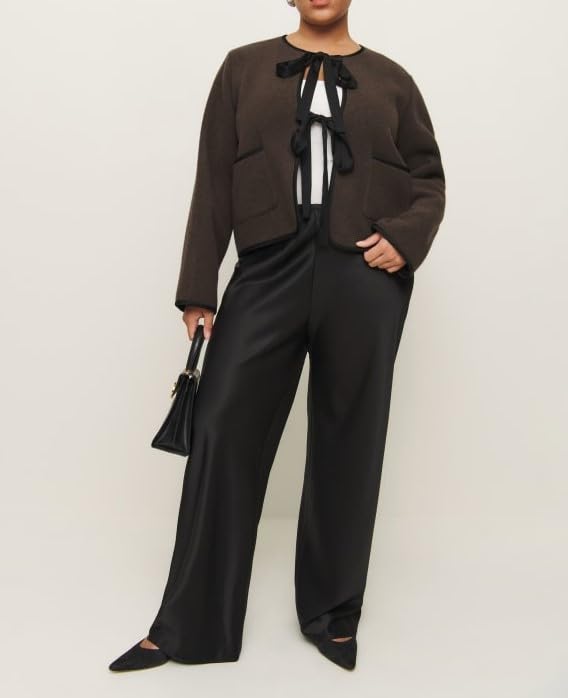 Women's Tie Front Jacket Cropped Long Sleeve Open Front Wool Blend Coats Winter Outerwear4