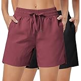 Riocs 2er Pack Damen Laufshorts 5 – Schnelltrocknend Kurze Sporthose mit Taschen – Basic Fitness Shorts Doppelpack für Sommer & Sport, Schwarz/Hellweinrot, L