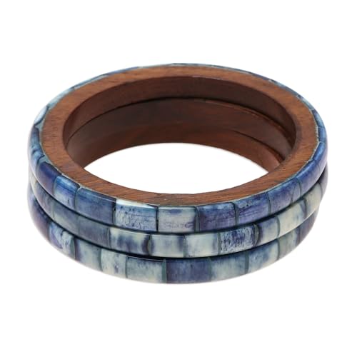 NOVICA Artisan Handmade Bone Mango Wood Bangles Blue Bracelets Set of 3 Brown India [ 8 in Inner Circ. x 0.2 in W] ' Blue Saga' Set of 3