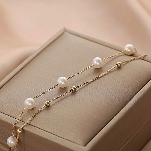 Sisgem 14K Gold Pearl Bracelet For Women, Solid Layered Beaded Link Bracelet Station Tin Cup Pearl Bracelet Birthday Anniversary Jewelry Gift For Mom, Wife, Daughter 6.5"+ 2" #TOP2