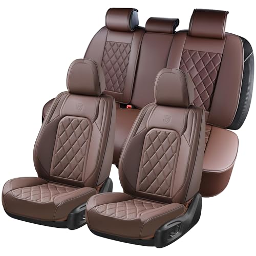 Image of Coverado Car Seat Covers Full Set, Luxury Faux Leather Waterproof Seat Cover, Front and Back Car Seat Protector, Universal 5 Seat Leather Seat Cushion, Carseat Cover Fit Most Cars, Coffee
