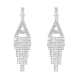 Initial Rhinestone Earrings Sparkle Alphabet Dangle Drop Earrings Clear Crystal Tassel Chandelier Statement Earrings for Women Party Jewelry (A, Silver)