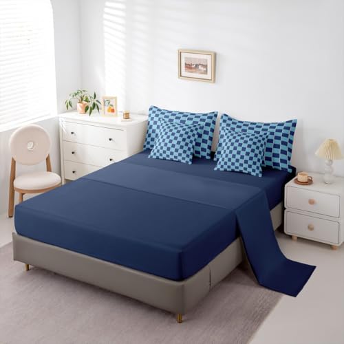 Image of Erosebridal 7 Piece Blue Boys Comforter Sets Navy Blue Teen Boy Bedding Set King,Geometric Checkered Plaid Bed in A Bag with Sheets for Kids Men,Grids Gingham Bed Set with Cushion Covers