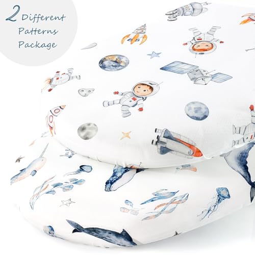 Image of GRSSDER Stretchy Ultra Soft Fitted Bassinet Sheet Set 2 Pack, Universal Fit for Bassinets Baby Cradle Moses Basket Oval Rectangle Mattress Safe and Snug, Sea Fish & Space Stylish Print