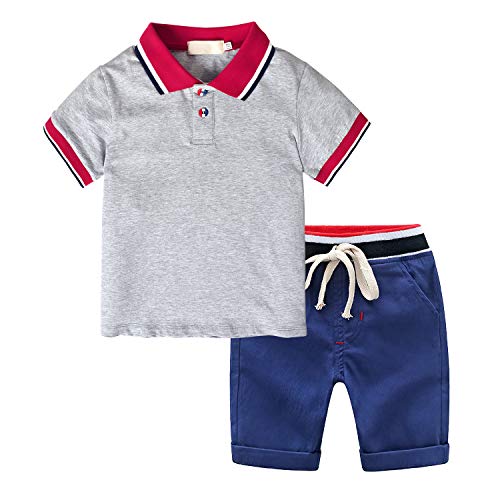 Yilaku Completo Estivo per Bambini Polo Maglietta Top Pantaloncini di Cotone Pantaloni Completi 2 Pezzi Set di Vestiti, Grigio/Blu, 5-6 Anni