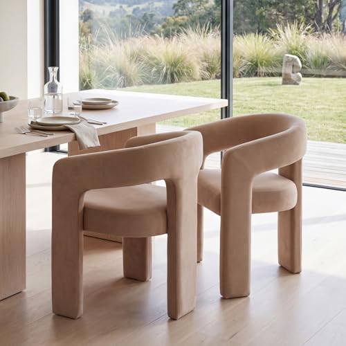 Modern Barrel Dining Chairs Set of 2, Upholstered Kitchen Chairs with Arms Comfy Velvet Side Chair for Living Room/Dining Room/Reception, Khaki