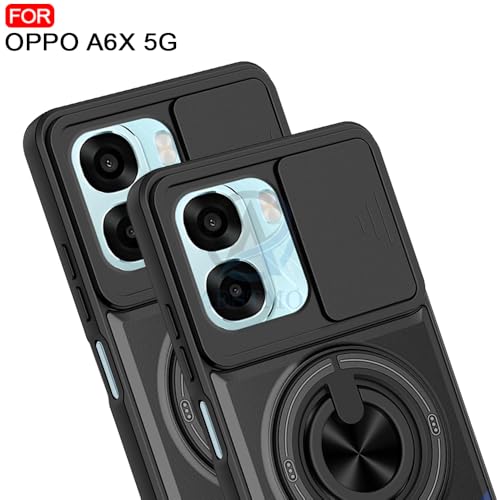 Image of AESTMO Oppo A6S / Oppo K14X / Oppo A6X 5G Back Cover | Armor Camera Slider 360 Degree Rotating Finger Ring Holder Case with Bracket Stand Back Case Cover (Compatible with MagSafe) Accessories (Black)