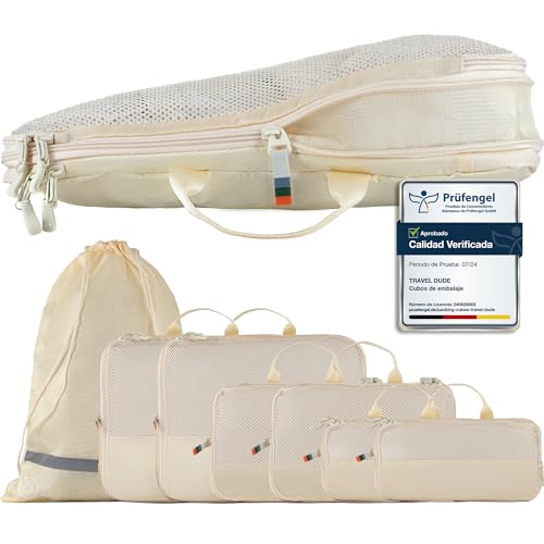 TRAVEL DUDE Organizador Maleta con Compresión – Packing Cubes de Viaje, Bolsas Organizadoras Maleta para Ropa, Organizadores de Maletas y Mochila de Viaje (Beige Arena, 7 piezas)