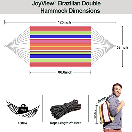Joyview Brazilian Double Hammock With Hanging Ropes Extra Large 86.6X59” Portable Cotton Hammock For Patio Backyard Porch 450Lbs Weight Capacity Perfect For Outdoor/Indoor - Color Stripes #TOP1