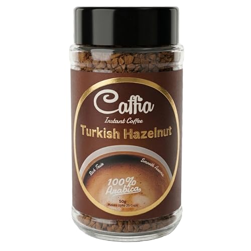 Image of CAFFIA Turkish Hazelnut Premium Instant Coffee | 100% Arabica | Freeze Dried Coffee Powder - 50g | Make Cafe Style Hot or Cold Coffee at Home | Smooth Medium Roast | Rich & Smooth Taste