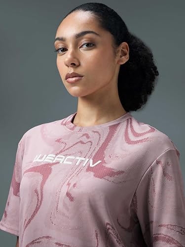 Image of TECHNOSPORT Women's Relaxed Fit Abstract Print Jacquard Crew Neck Half Sleeve T-Shirt for Gym, Sports & Regular Use