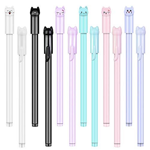 EMAGEREN 12 Pcs Stylo Chat en Plastique Stylos à Encre Gel 0.5mm Noir Stylo à Bille Stylo Chat Kawaii Stylo Chat Mignon Écriture Lisse Facile à Porter pour Maison Ecole Bureau Enfant Cadeaux