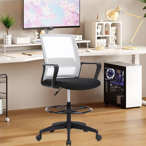 Image of BestOffice Drafting Chair Tall Office Chair Adjustable Swivel Rolling Mesh Height with Lumbar Support Arms Footrest Mid Back for Adults Standing Desk Drafting Stool (Beige)