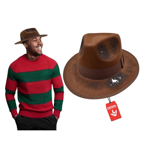 Nicky Bigs Novelties Morph Adult Tattered Burned Brown Fedora Hat - Brown Zombie Scary Nightmare Creeper Hats - Horror Movie Killer Cosplay Halloween Costume Accessory Adjustable Size
