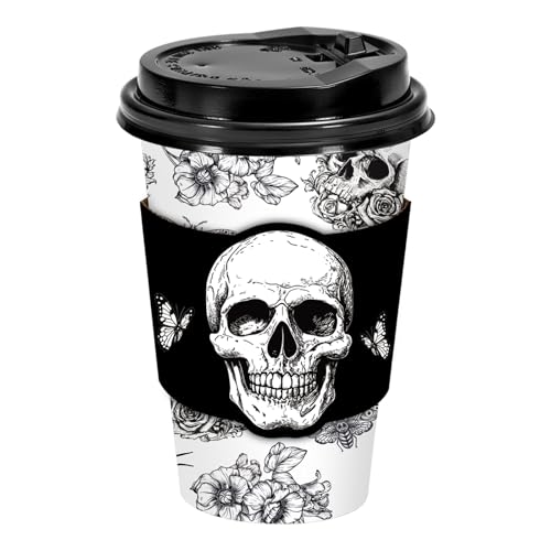 Whaline 50 Set Halloween Disposable Coffee Cups with Lids Sleeves Black Skull Spider Flower Paper Drinking Cups for Halloween Birthday Wedding Party Supplies