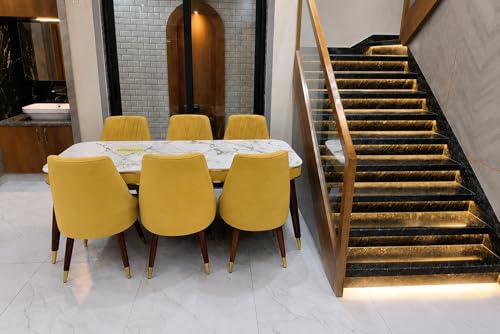 Image of WOODEN SPACE 6-Seater Wooden Dining Table Set | Nano Composite Marble Top | Solid Wood Base | Modern Dining Room Furniture with 6 Chairs (Yellow Frontline)