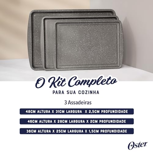 OSTER Conjunto de Assadeiras Antiaderentes 3 Peças com Grelha Greystone - Construção Resistente de A