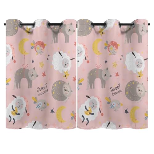 PJHEQOXE Cute Pink Curtains Blackout 55 Inch Length - Noise Reducing Curtains for Nursery Thermal Insulated Room Darkening Curtain Panel Pair with Grommet Top,Cartoon Cat Sheep Stars