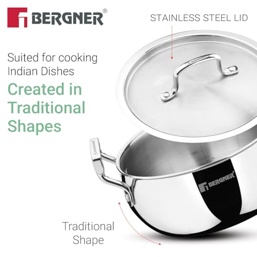 Image of Bergner TriPro Triply Stainless Steel 20cm (3.1L) Belly Shape Casserole /Biryani Handi with Stainless Steel Lid, Consumes Less Oil, Healthy Cooking, Even Heating - Induction and Gas Stove Ready