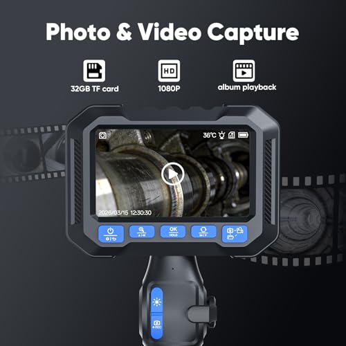 Image of T Takmly Two-Way Articulating Borescope with Light, 210 Steerable 1080P Endoscope Camera, 0.23inch Semi-Rigid Snake Scope, 4.3 inch IPS Screen, 32GB, 5.5FT for Automotive Engine HVAC Wall Mechanics