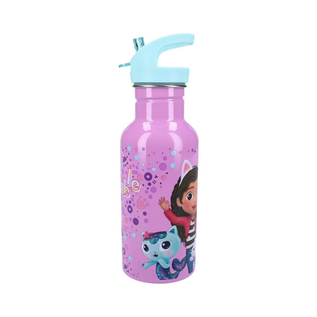 My sweety pop Trinkflasche für Kinder, Edelstahl, Krippe, Kindergarten, Schule, Urlaub, Mahlzeit, 22 cm, 500 ml, Hydratation, Geschenkidee, Flasche (Gabby's Dollhouse, Blau/Violett)