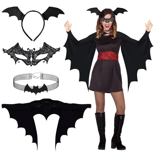 Zkaoai Fledermaus Kostüm Damen Umhang Tier Kostüm Vampir Bat Kostüm Fledermausflügel mit Maske Haarreif Halskette Fledermaus Damen Costume...