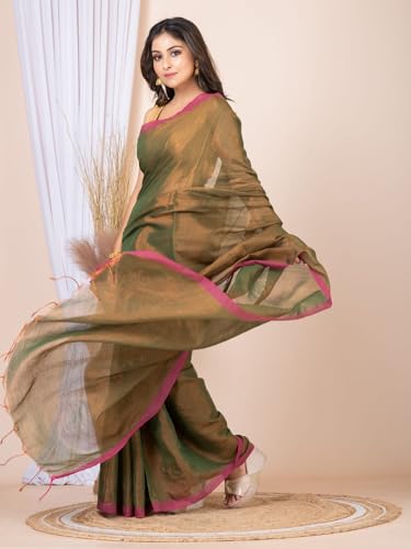 Image of Women's Tissue Cotton Saree | Plain Lightweight Tassel Pallu Saree with Blouse