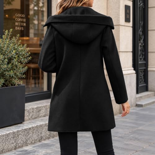 Pea Coats for Women Hooded Wool Blend Jacket Notched Lapel Long Jackets | Womens Wool Coats Trendy Mid Length Fitted Hooded Trench Jacket Business Casual Double Breasted Pea Coat Winter Warm Overcoat - image 7