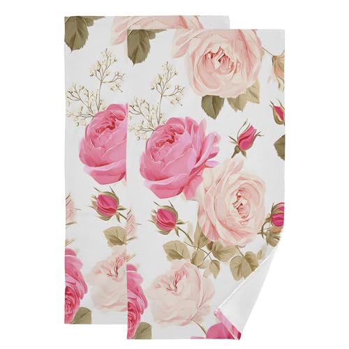 susiyo Pink Rose Flower Cotton Towels Set, Floral Guest Hand Towels Set of 2 Decorative Bathroom Towel Soft Absorbent Towel for Yoga Gym Spa Hotel Bathroom Kitchen 28x14 Inch