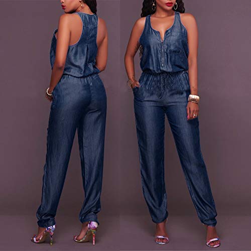 Uodsvp Jumpsuits For Women, Funeral Outfit Women Monochrome Dressy Women's Loose Pants Long Casual Off Shoulder Denim Jeans Pocket Sleeveless Jumpsuits Rompers Romper Jumpsuit Shorts Bell (Xxl, Blue) #TOP1