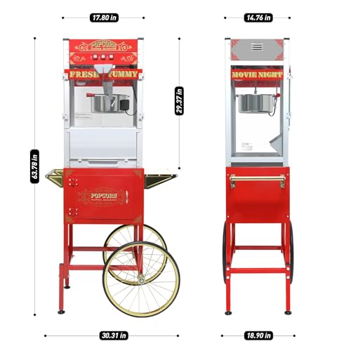 Image of Popcorn Machine with Cart, 20 Oz Kettle, Vintage Popcorn Maker with Storage Cabinet Scoop, Oil Spoon & 3-Switch Control, Movie Theater Style Popper for Commercial Home, Red
