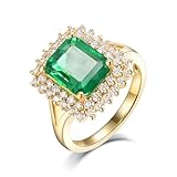 Alianza de boda para mujer con halo de oro amarillo de 18 quilates, esmeralda verde, forma de Asscher, anillo de compromiso para novia, anillo de compromiso real 750, H 1/2, Oro amarillo de 18