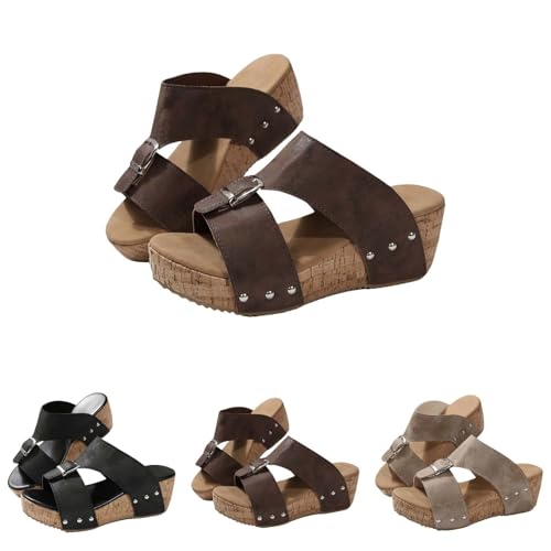 Pantuflas de playa con tacón inclinado para mujer, con hebilla ajustable, ajuste ancho, cómodas, puntera abierta, zapatos de cuña con parte inferior gruesa con soporte de arco, Brown, 40 EU