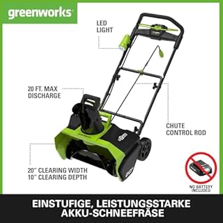 Greenworks 40V Einstufige Akku Schneefräse mit bürstenlosem Motor GD40ST, 51cm Räumweg, 30cm Räumtiefe, 1900 U/min, 180° drehbarer Auswurfkanal, 3 Jahre Garantie mit 40V 4Ah Akku & 2A Ladegerät
