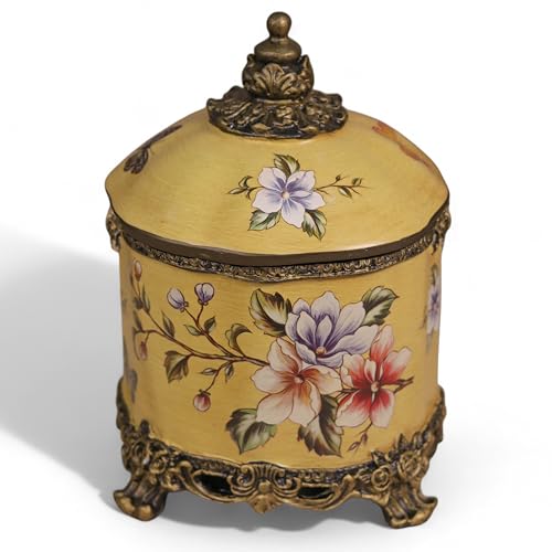 Image of Flower Printed Luxurious Jewellery Jar, Resin Handcrafted Antique Premium Jewelry Storage Box for All Jewelry Necklaces Earring Ring Chain Bangle (Mustard, 6.5X10 Inch)