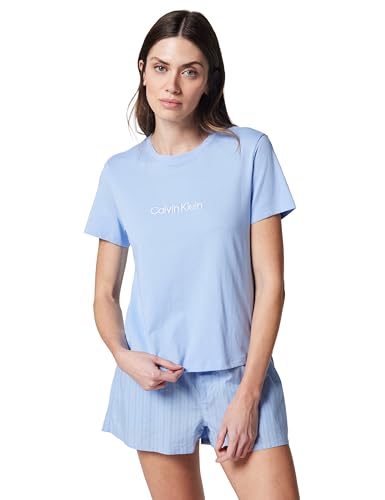 Calvin Klein Damen S/S Tee Short Set LV00QS7576 Set, Blau (Frozen Fjord W Trail Stripe), M, Blau (Frozen Fjord W Trail Stripe), M