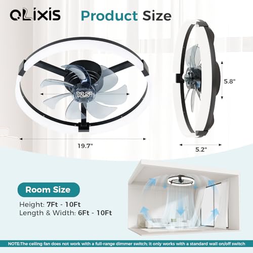 OLIXIS Ceiling Fans with Lights and Remote, 19.7 Inch Ceiling Fan, 3000K-6500K Dimmable LED Low Profile Fandelier with 6-Hour Timer, Flush Mount for Bedroom, 16 Brightness Levels, App Control, Black by OLIXIS - Used condition - Image 6