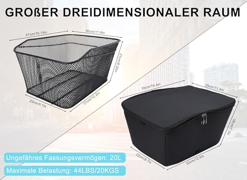 Cryfokt Fahrradkorb Hinten, Fahrradkorb aus Metalldraht mit Wasserdichter Abdeckung, 20L Fahrrad-Gepäckträger mit Großem Fassungsvermögen, Aufbewahrungskorb für Hintere Fahrradträger