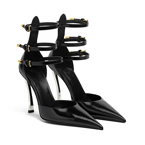 THESHY Womens Ankle Strap Metal Stiletto High Heel Pointy Pumps Buckle Up Fashion Dress Party Pumps2