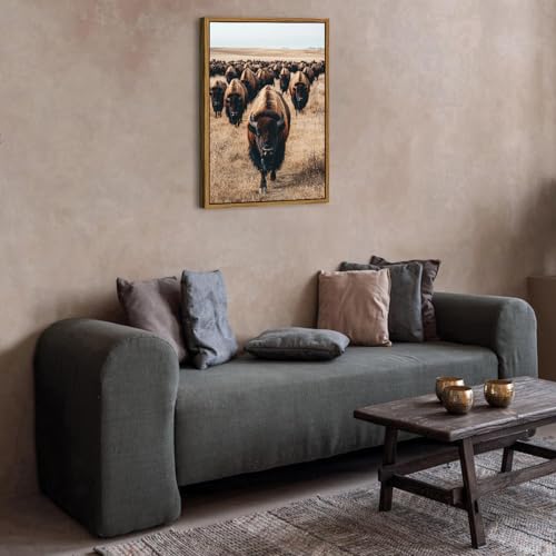 Image of Framed Bison Wall Art Western Buffalo Cow Pictures Wall Decor American Bison Herd Decor Rustic Wildlife Animals Canvas Prints Farmhouse Cabin Lodge Decor for Living Room Office Home Decoration 24x36