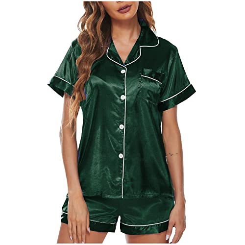 Image of Womens Silk Satin Pajamas Set Summer Button Short Sleeve Tops Shorts Classic Pjs Sets Soft Comfy Loungewear Sleepwear