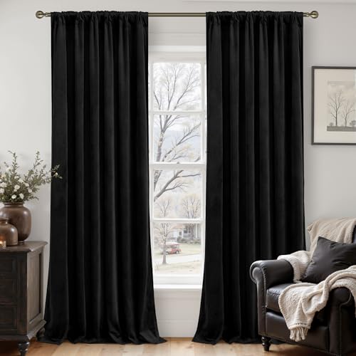 LAMIT Black Velvet Blackout Curtains 90 Inches Long, Luxury Thermal Room Darkening Panels for Bedroom Back Tab and Rod Pocket Soundproof Halloween Drapes for Living Room, 2 Panels, 52 x 90 Inch