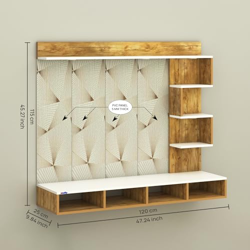 Image of Anikaa Laura Engineered Wood Wall-Mount TV Unit with PVC Back Panel & LED Lights | TV Cabinet with Storage Box & Decorative Shelves (Giantwood /White) Ideal for TVs up to 43 Inch | DIY Installation
