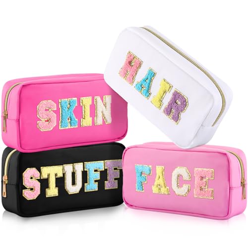 Cunno Preppy Makeup Bags Chenille Letter Stuff Bag Nylon Cosmetic Pouch Cases with Zipper for Women Travel Toiletry(Cute Color,Vivid,4 Pcs)