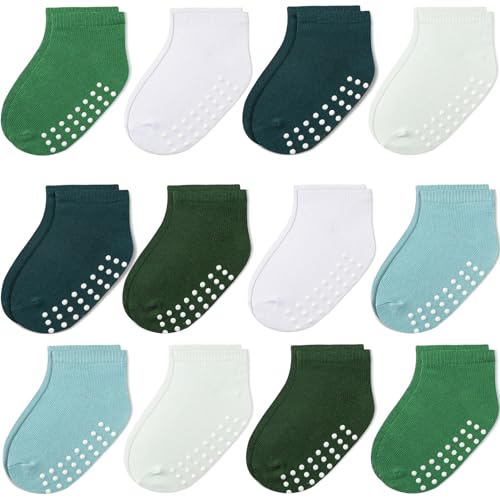 Image of JAKIDAR 12 Pair Baby Toddler Socks Non-Slip Grip Cotton Ankle Socks for Boys Girls Non Skid Soles for Infants Kids